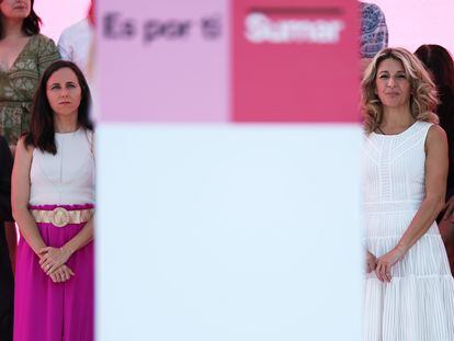 Ione Belarra y Yolanda Díaz, en el mitin con el que Sumar cerró en Madrid la campaña del 23-J.