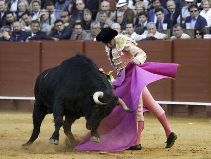 David Mora, en la faena a su segundo toro, hoy en la Maestranza de Sevilla.