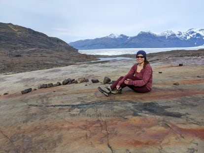 Paleontologist Judith Pardo and Fiona at Tyndall Glacier, in Torres del Paine National Park.