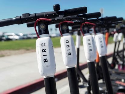 Patinetes eléctricos de la compañía Bird aparcados en San Diego, California, Estados Unidos.