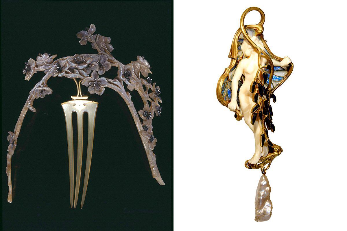 A la izquierda, diadema ‘Rama de manzano’ tallada en cuerno con flores con oro y diamantes. A la derecha, ‘Ninfa entre glicinas’, elaorada con perla barroca, marfil, oro y esmalte.
