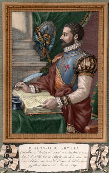 Un grabado en color de Alonso de Ercilla.