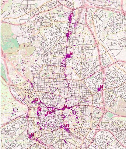 Mapa de calor de los sitios más fotografiados de Madrid con base en un estudio de más de 300.000 fotos en la red social Panoramio hecho por investigadores del Departamento de Geografía Humana de la Universidad Complutense. El punto número 7 es el Santiago Bernabéu