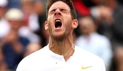 Del Potro celebra su triunfo contra Simon en Wimbledon.