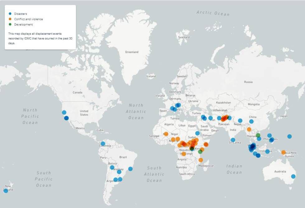 Mapa de los desplazamientos que tuvieron lugar en el mundo en los últimos 30 días.