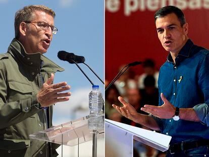 Alberto Núñez Feijóo (a la izquierda), en un mitin el sábado en Getafe (Madrid), y Pedro Sánchez, en otro en Sevilla.