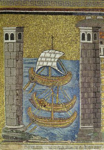 La flota bizantina, en un mosaico del siglo VI en Rávena (Italia).