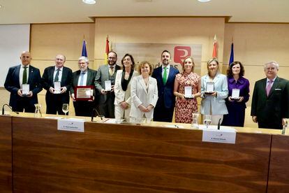 Foto de familia de los galardonados con la Medalla de Oro del Colegio de Registradores junto a la decana, María Emilia Adán, y el secretario de Estado de Justicia, Manuel Olmedo.