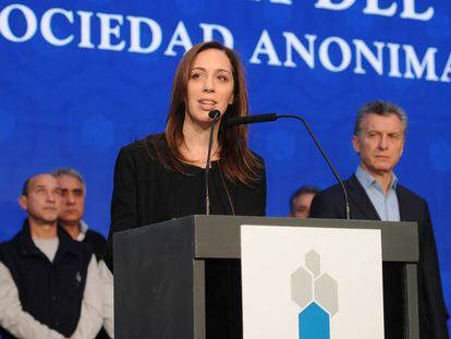 La gobernadora de Buenos Aires, Mar&iacute;a Eugenia Vidal, en un acto p&uacute;blico junto al presidente Mauricio Macri.