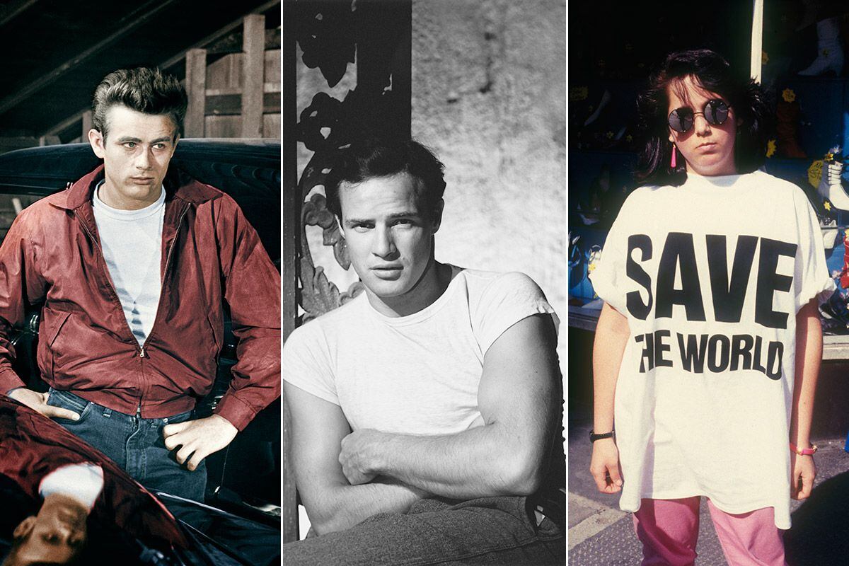 Desde la izda.: James Dean, Marlon Brando y una chica con la camiseta ‘Save the world’ de Katharine Hamnett en 1985.