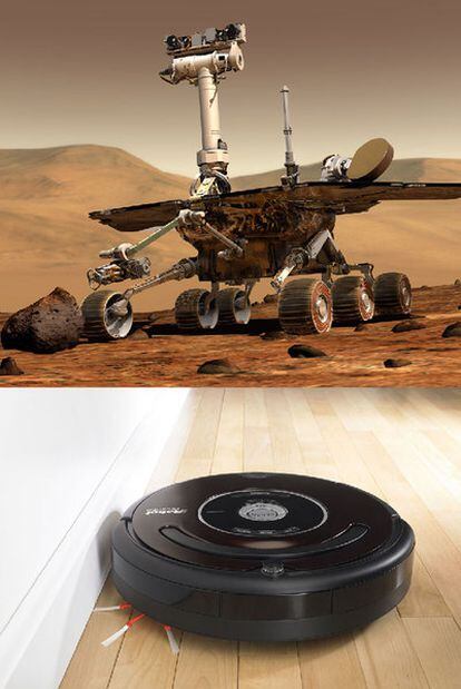 Arriba, Spirit, el explorador de Marte. Abajo, el robot aspirador Roomba.