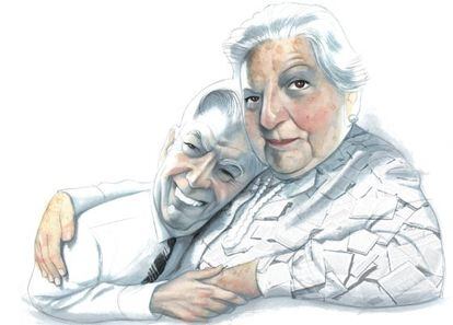 Mario Vargas Llosa i Carmen Balcells, en un dibuix de Fernando Vicente del 2010.
