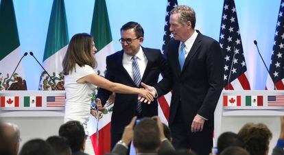 Freeland (Canad&aacute;), Guajardo (M&eacute;xico) y Lighthizer (EE UU), en la segunda ronda de negociaciones.
