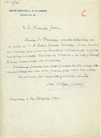 Carta de Ortega a Giner de los Ríos de 1910.