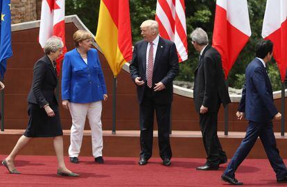 Donald trump, amb Theresa May, Angela Merkel, Paolo Gentiloni i Shinzo Abe.