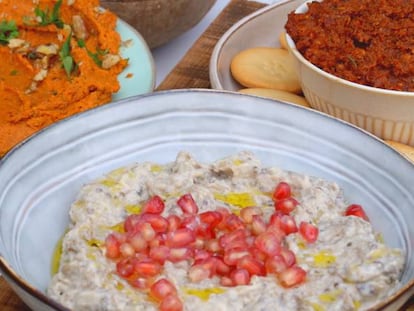 Verduras para untar: sobrasada de tomate seco, mutabal y dip de zanahoria