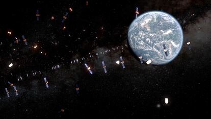Recreación de muchos satélites orbitando alrededor de la Tierra. Imagen de la Agencia Espacial Europea