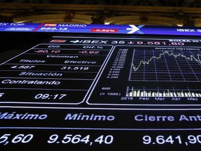 Panel informativo que muestra la evoluci&oacute;n del principal indicador de la bolsa espa&ntilde;ola, el IBEX 35.