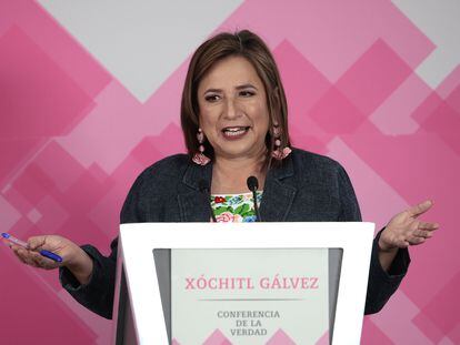 Xóchitl Gálvez, durante su 'Conferencia de la verdad' del pasado 9 de febrero, en Ciudad de México.