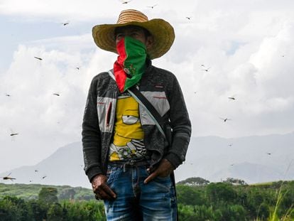 Un indígena nasa en una propiedad ocupada en Corinto, departamento del Cauca, Colombia, el 29 de agosto de 2022.