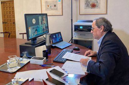 El president de la Generalitat, Quim Torra, en una reunió telemàtica. 
