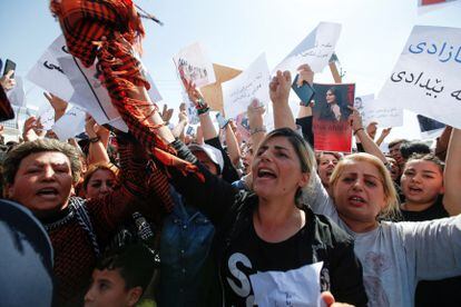 Manifestación de protesta por la muerte de Mahsa Amini, el 24 de septiembre, frente a la sede en Erbil de la misión de la ONU en Irak.