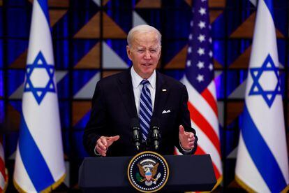 Joe Biden, durante su comparecencia el miércoles en Tel Aviv.  