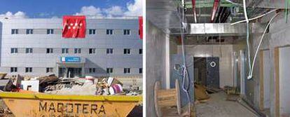 Aspecto que presentaban el pasado domingo, de izquierda a derecha, la fachada y un pasillo del hospital del Henares.