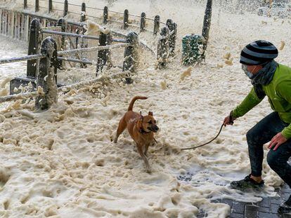 Cape Town (South Africa), 13/07/2020.- A man walks his dog through thick sea foam blowing ashore during a storm in Seapoint, Cape Town, South Africa, 13 July 2020. The third in a succession of powerful cold fronts have swept over the peninsula causing extensive damage. Waves in excess of ten meters have been crashing into the Cape's west coast with gale force winds, flooding, uprooted trees and some roofs been blown off houses being reported. (Sudáfrica) EFE/EPA/NIC BOTHMA