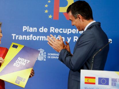 El presidente del Gobierno, Pedro Sánchez, y la presidenta de la Comisión Europea, Ursula von der Leyen, este miércoles en Madrid.
