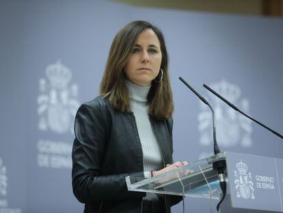 La ministra de Derechos Sociales y Agenda 2030, Ione Belarra, el pasado miércoles durante una comparecencia ante los medios en Madrid.