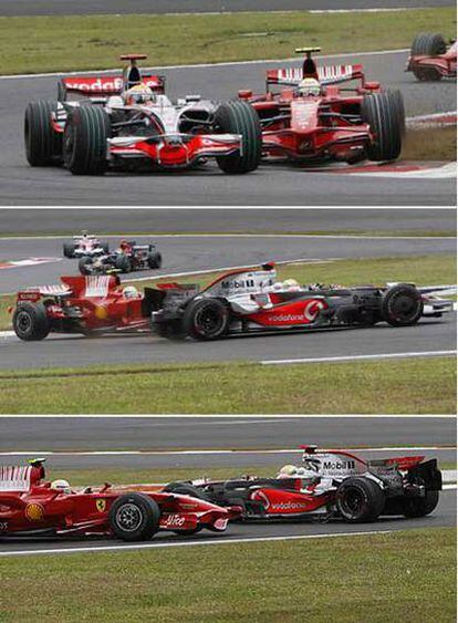 De izquierda a derecha, Massa (por el interior de la curva) pasa por la hierba y, al volver a la pista, choca con Hamilton, que hace un trompo.