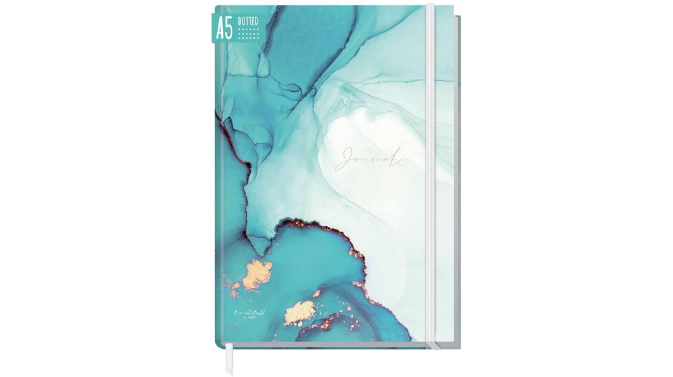 Libreta Bullet Journal tamaño A5, estampada en colores azules y con tapas resistentes al agua
