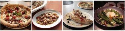 De izquierda a derecha: pizza al horno de Restaurante Mo de Movimiento; escalibada de verduras ecológicas con anchoas del Cantábrico; calzone de queso manchego de cultivo y sobrasada ecológica de Mallorca; salteado de verduras de primavera