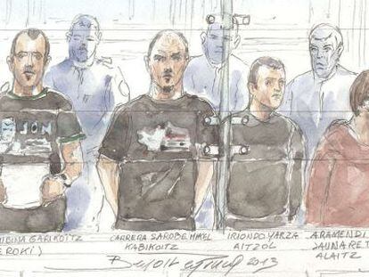 Dibujo del juicio a los dirigentes etarras. De izquierda a derecha, Garikoitz Aspiazu, Mikel Carrera, Aitzol Iriondo, Alaitz Aramendi y Luis Ignacio Iruretagoiena.