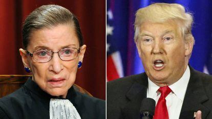 La juez Ruth Ginsburg a la izquierda, y el candidato Donald Trump a la derecha.