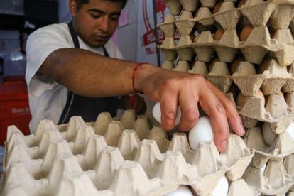 Un comerciante acomoda huevos en un cartón, en un mercado de Ciudad de México.