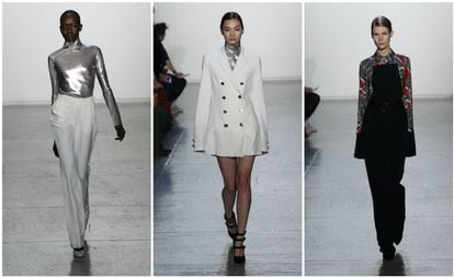Tres de los diseños de Misha Nonoo, presentados en la Semana de la Moda de Nueva York en febrero de 2015.