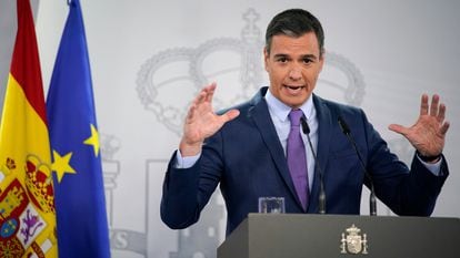 Pedro Sánchez, durante su rueda de prensa en La Moncloa tras el Consejo de Ministros de este sábado.