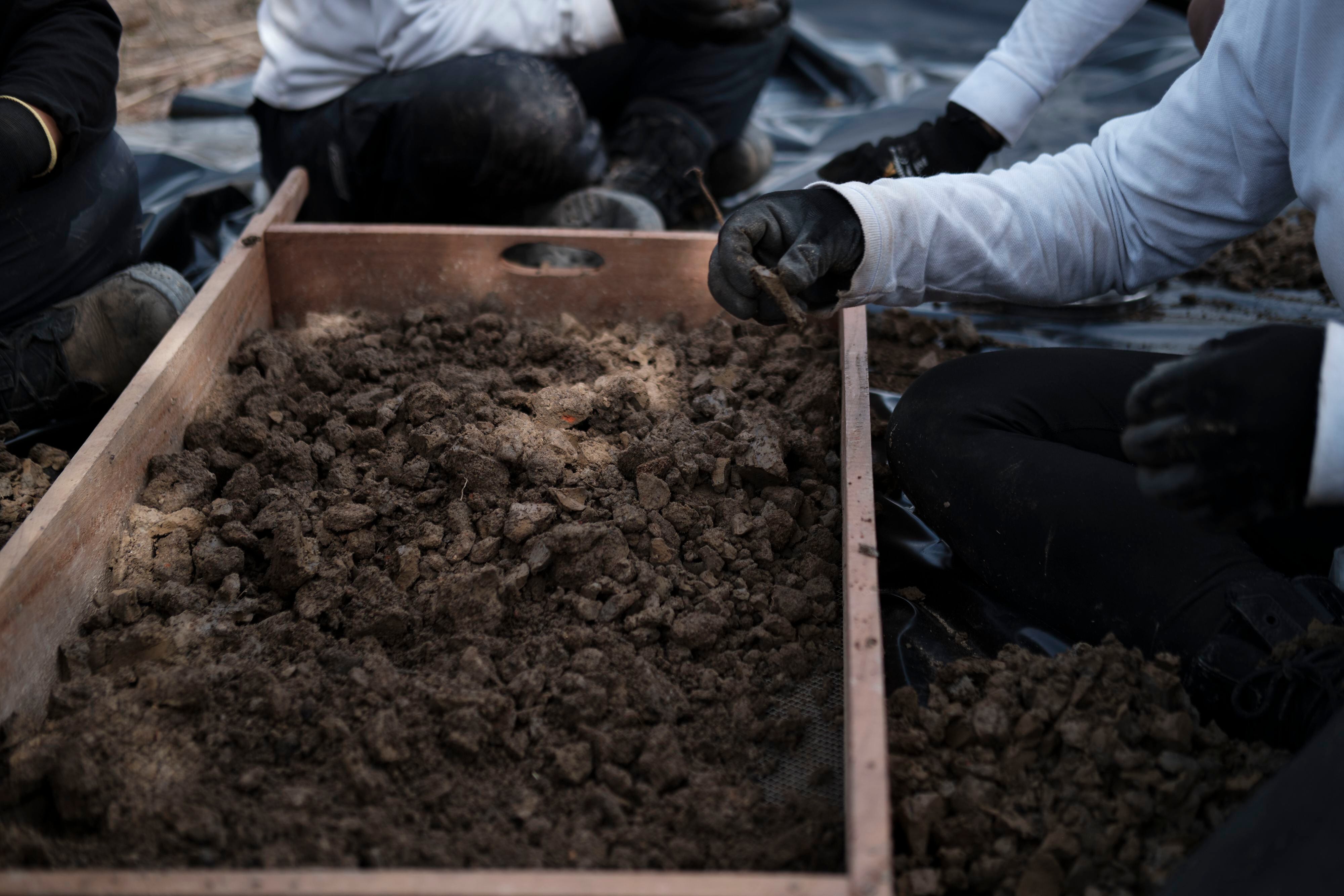 Especialistas de la UBDP revisan la tierra excavada en búsqueda de restos humanos.
