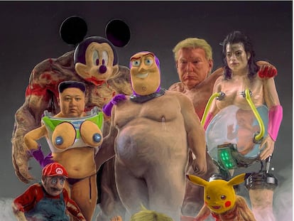 Beeple reconoce el aspecto perturbador de algunos de los tótems que se repiten en sus obras diarias: los Buzz Lightyears desnudos sin genitales, el Kim Jong-un con pechos, el Pikachu daliniano o el Winnie the Pooh adicto al gimnasio.