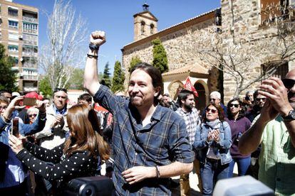 Pablo Iglesias, secretario general de Podemos, participa en la marcha del 1 de Mayo en la Plaza Virgen de Gracia de Puertollano