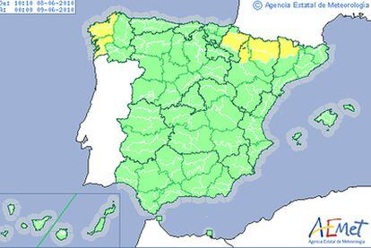 Previsión de la AEMET para hoy martes. En alerta amarilla están Navarra, Pontevedra y A coruña y zonas de Zaragoza, Huesca y Lleida