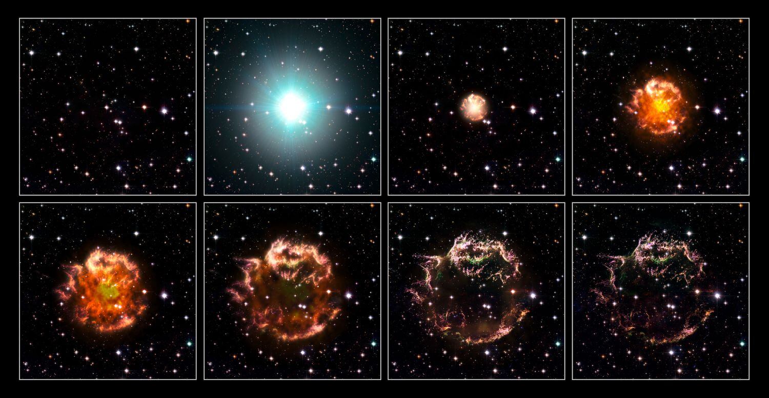 Casiopea A, con la recreación de la secuencia desde la supernova de 1680 hasta el remanente actual, formado por la nebulosa visible con los fragmentos de la estrella que explotó escindidos por el espacio.