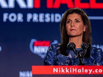 La candidata Nikki Haley, durante su discurso del martes sobre los resultados electorales, en Concord (New Hampshire).