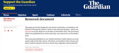 Página del periódico inglés que acogía la "Carta a EE UU" de Osama bin Laden. Fue retirada después de que viralizara en TikTok.