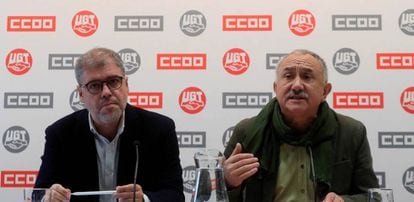 Los secretarios generales de CC OO y UGT, Unai Sordo y Pepe Álvarez.