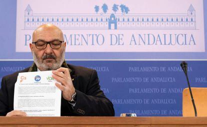 El portavoz del grupo parlamentario de Vox, Alejandro Hernández, este lunes en el Parlamento andaluz.