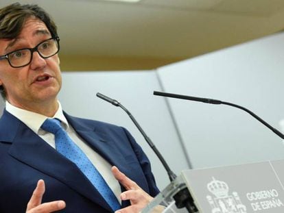 El ministro de Sanidad, Salvador Illa, durante una rueda de prensa en la sede de su ministerio, en Madrid.