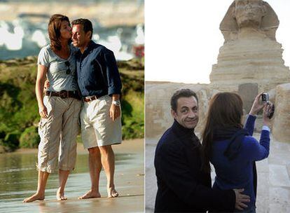 A la izquierda, Nicolas Sarkozy con Cécilia Seigner en la playa de Arcachon (Francia); a la derecha, el presidente francés con Carla Bruni en Egipto.